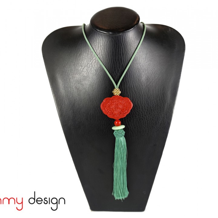 Necklace designed with red lotus pendant, green silk tassel